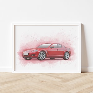 Personalised Mazda RX8 Car Art Print, Poster, Portrait, Drawing, Illustration, Gift For Car Lover, Birthday, Boyfriend, Valentines