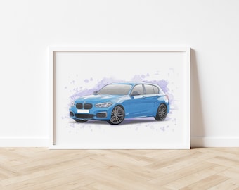 Personalised BMW 1 series F20 Art Poster, Car Print, Portrait, Illustration, Decor, Wall Art, Gift For Car Enthusiast, Birthday, Wedding