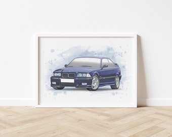 Personalised BMW M3 E36 Art Print, Car Poster, Artwork, Gift For Car Enthusiasts, Birthday, Boyfriend, Valentines, Anniversary, Christmas