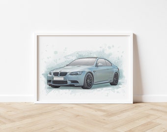 May include: A watercolor illustration of a silver BMW M3 on a white background.