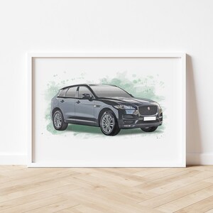May include: Framed art print of a dark gray SUV with silver wheels. The car is set against a light green watercolor background. The artwork is displayed in a white frame.
