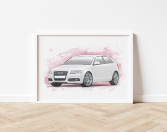 May include: A white Audi A3 hatchback with a pink watercolor background. The car is facing the camera and has a pink watercolor background.