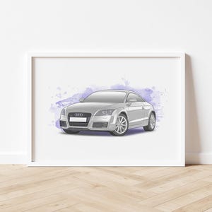 May include: A framed print featuring a silver Audi TT car illustration. The car is depicted in a three-quarter view against a backdrop of purple watercolor splashes. The artwork is displayed in a white frame.