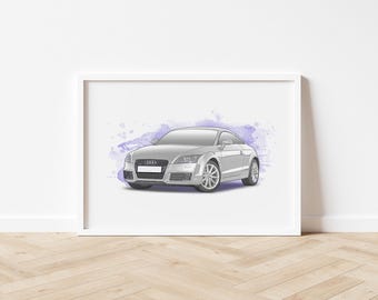 May include: A framed print featuring a silver Audi TT car illustration. The car is depicted in a three-quarter view against a backdrop of purple watercolor splashes. The artwork is displayed in a white frame.