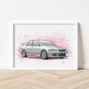 May include: A white Mitsubishi Lancer Evolution car with a pink watercolor background. The car is facing the viewer and has a black front bumper and black side skirts.