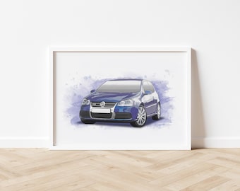 Stampa artistica personalizzata Golf MK5, poster per auto, opera d'arte, decorazione da parete, regalo per appassionati di auto, compleanno, prodotto nel Regno Unito.