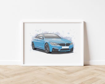 May include: A blue car with a white background. The car is a BMW M4 with a black front bumper and black wheels. The car is in a watercolor style.