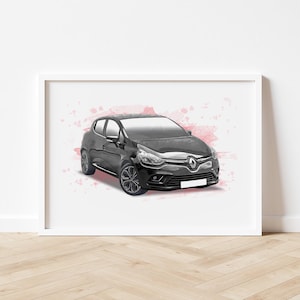 Könnte beinhalten: Gerahmter Kunstdruck eines schwarzen Renault Clio Autos. Das Auto ist in einem Aquarellstil mit einem rosa Aquarell-Spritzer-Hintergrund dargestellt. Das Auto ist mittig im Rahmen platziert und hat schwarze Räder.