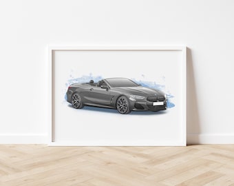 May include: A gray convertible car with a blue watercolor background. The car has a black interior and a black license plate.