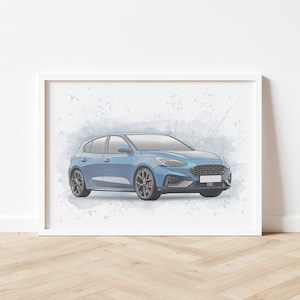 Op de afbeelding: Een blauwe Ford Focus auto op een witte achtergrond. De auto is omgeven door een aquareleffect.