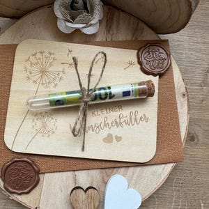 Geldgeschenk kleiner Wunscherfüller Holzkarte Geburtstag Freude machen Liebe