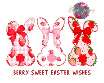 Berry Sweet Easter Wishes Png| Happy Easter Png | Coquette Bunny Png| Bunnies Png| Strawberry Png | Coquette Download-Easter Png