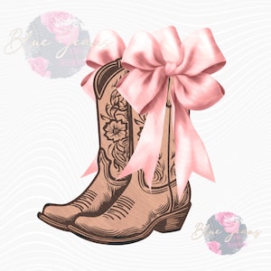 Coquette Cowgirl PNG, Western sublimation design, Soft girl era, Cowgirl boots png, Boots with bows, coquette shirt design, pink bow png