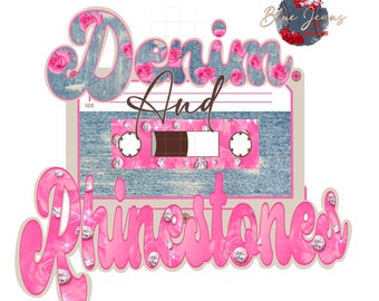 Vintage Cassette PNG-Denim and Rhinestones Sublimation Digital Design Download-Country Western Png, Pink Png, Boho Png, Hippie Png