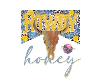 May include: A graphic design featuring a distressed cow skull with horns, a denim and leopard print background, and the text "Howdy honey".
