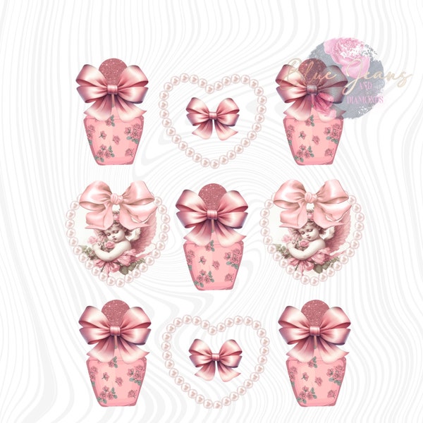 coquette3x3 png, coquette aesthetic-my soft girl era, pink bows, perfume bottles, Vintage coquette png, shabby chic png, pearl hearts png