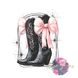 Coquette Cowgirl PNG, Western sublimation design, Soft girl era, Cowgirl boots png, Boots with bows, coquette shirt design, pink bow png