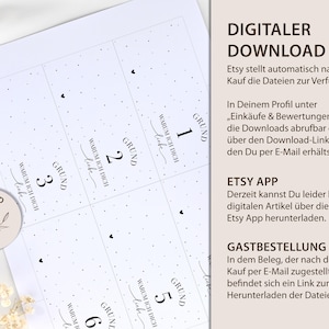 May include: Printable cards with a black and white polka dot background. Each card has a number from 1 to 6 and the text "Grund" and "Warum ich dich liebe".