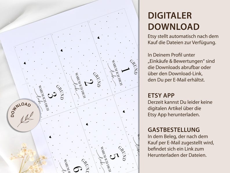 May include: Printable cards with a black and white polka dot background. Each card has a number from 1 to 6 and the text "Grund" and "Warum ich dich liebe".