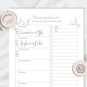 Menu planner with shopping list to print, A4 meal plan, meal plan PDF, kitchen decoration - INSTANT DOWNLOAD