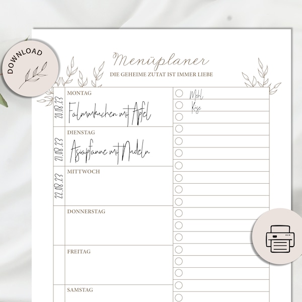 Menu planner with shopping list to print out, A4 meal plan, meal plan PDF, kitchen decoration - INSTANT DOWNLOAD