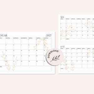 May include: A 2027 monthly calendar set featuring pages for January, May, and June with a grid layout, black text, and light beige botanical leaf illustrations. A circular badge with the text DOWNLOAD and a small leaf graphic is centred.