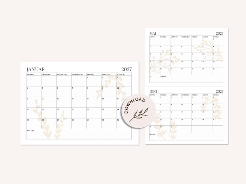 May include: A 2027 monthly calendar set featuring pages for January, May, and June with a grid layout, black text, and light beige botanical leaf illustrations. A circular badge with the text DOWNLOAD and a small leaf graphic is centred.