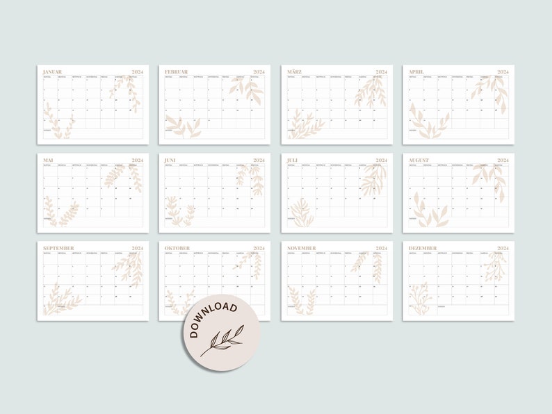 Calendar 2024 Monthly calendar A4, landscape format with beige elements for printing INSTANT DOWNLOAD image 3