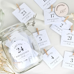 24 & 30 redenen waarom ik van je hou - Minikaarten om af te drukken, adventskalender Ik hou van je omdat - INSTANT DOWNLOAD