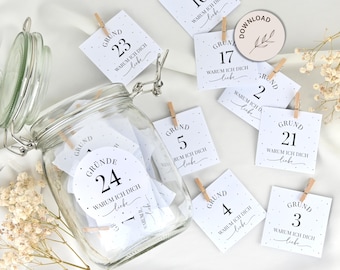 24 & 30 Reasons Why I Love You - Mini Cards to Print, Advent Calendar I Love You Because - INSTANT DOWNLOAD