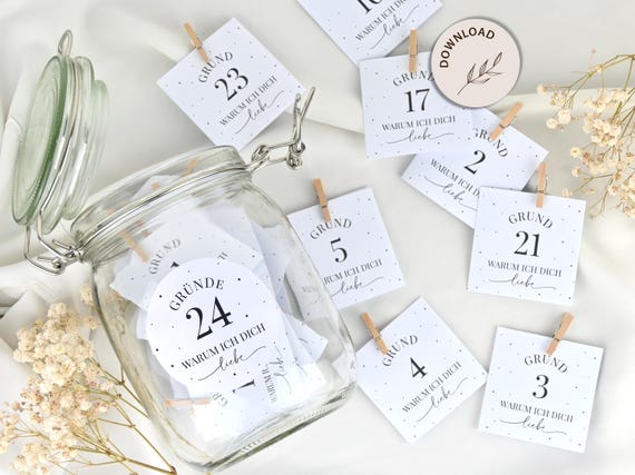 24 & 30 Gründe, warum ich dich liebe - Mini Karten zum Ausdrucken, Valentinstag Geschenkidee, Ich liebe dich, weil - DOWNLOAD
