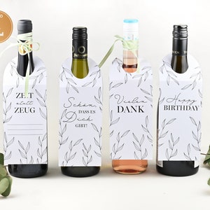 Flessenlabel met Bedankt, Fijne Verjaardag, voucher en spreuk, cadeaulabel voor wijnflessen - DIRECT DOWNLOADEN