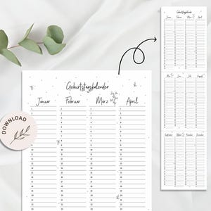 May include: A black and white printable birthday calendar with the German title "Geburtstagskalender". The calendar is divided into months, with space to write dates and names. A "Download" sticker is in the corner.