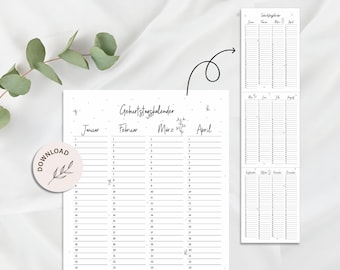 Birthday Calendar - Wall Calendar for Printing - DOWNLOAD