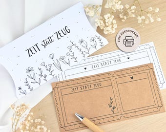 Time instead of stuff - Printable voucher - DIN long voucher with flowers - Last-minute gift idea - DOWNLOAD