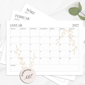 May include: A 2027 monthly calendar page for January with a grid layout, black text, and light beige botanical leaf illustrations. The page features the month name, days of the week, and a circular badge at the bottom with the text DOWNLOAD.