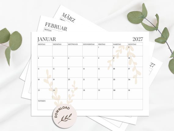 Kalender 2026 und 2027 - Monatskalender A4, Querformat mit beigen Elementen zum Ausdrucken - DOWNLOAD