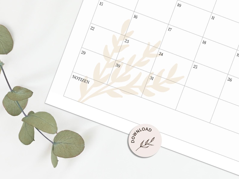 May include: A white monthly calendar page with black grid lines and numbers, featuring a faint beige botanical leaf illustration in the background. The word NOTIZEN is printed in the bottom left corner, and a small circular tag says DOWNLOAD.