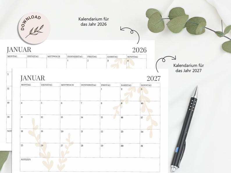 Calendar 2026 and 2027 - Monthly calendar A4, landscape format with beige elements for printing - DOWNLOAD image 2