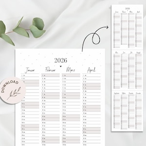 May include: A monochrome 2026 yearly calendar. The calendar is split into months, with each day in a grid. The word "DOWNLOAD" is on a circular sticker with a floral design. The calendar is in a simple, clean style.