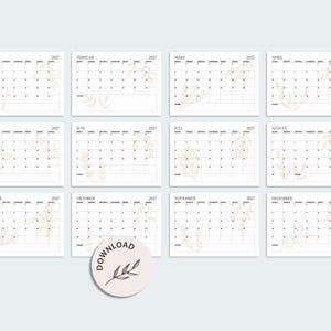 May include: A 2027 printable calendar set featuring twelve monthly pages with a grid layout and light beige botanical line art illustrations. A circular badge at the bottom displays the text DOWNLOAD with a small leaf graphic in the centre.