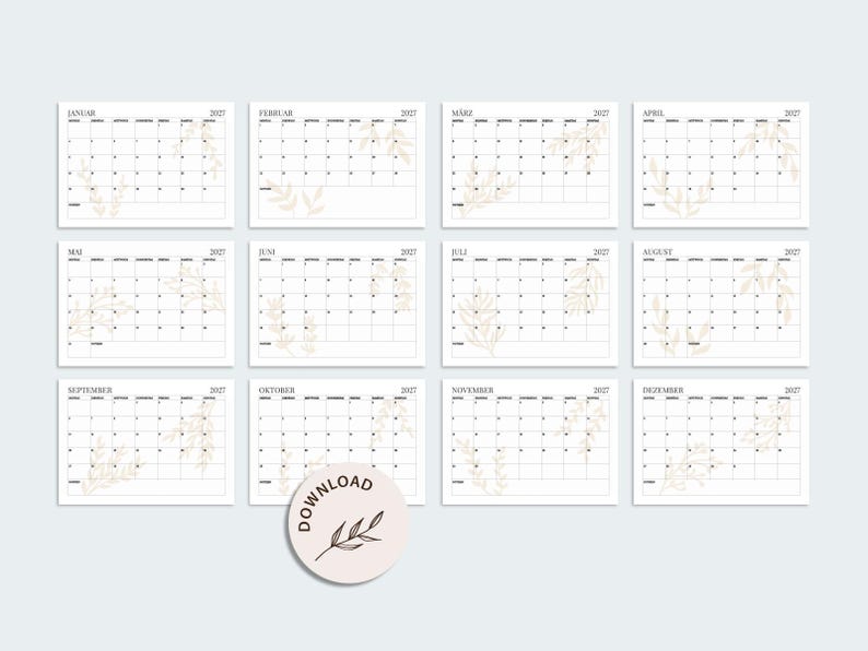 May include: A 2027 printable calendar set featuring twelve monthly pages with a grid layout and light beige botanical line art illustrations. A circular badge at the bottom displays the text DOWNLOAD with a small leaf graphic in the centre.