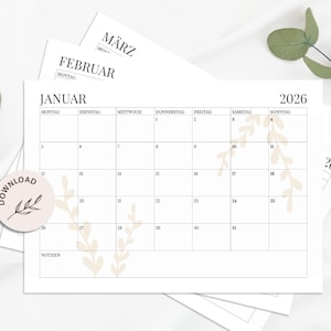 Kalender 2025 und 2026 - Monatskalender A4, Querformat mit beigen Elementen zum Ausdrucken - SOFORT DOWNLOAD