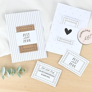 Peut inclure: Ensemble de cartes de vœux et étiquettes minimalistes. Les cartes présentent des motifs noirs et blancs, notamment des rayures, des fonds à pois et un cœur. Le texte "ZEIT statt ZEUg" est affiché sur plusieurs cartes.