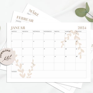 Calendar 2024 Monthly calendar A4, landscape format with beige elements for printing INSTANT DOWNLOAD image 1