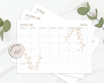 Calendar 2024 - Monthly calendar A4, landscape format with beige elements for printing - INSTANT DOWNLOAD