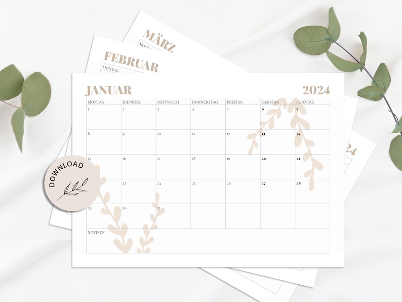 Calendar 2024 Monthly calendar A4, landscape format with beige elements for printing INSTANT DOWNLOAD image 1