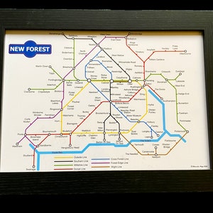 May include: A colourful map of the New Forest region in England, with lines representing different train lines. The map is framed in black wood and includes the names of towns and cities in the region.