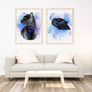 天体ブラックパンサー 2 枚セット、印刷可能な壁アート 水彩パンサー アートプリント、パンサー ポスター、水彩動物プリント 即時ダウンロード