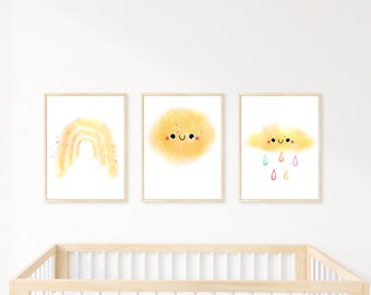 Sunny Prints: Set of 3, Rainbow Wall Art, Rainbow Nursery Decor, Printable Wall Art, Girls Room Decor, Watercolor Art, Instant Download